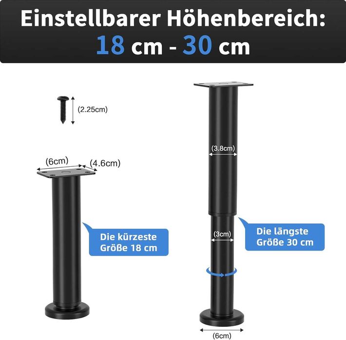 Picioare Metalice Reglabile Mobilier 18-30 cm Set 4 Buc Negre