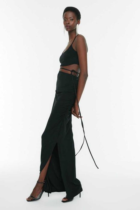 Set de fusta cu talie inalta si top crop - 2 piese