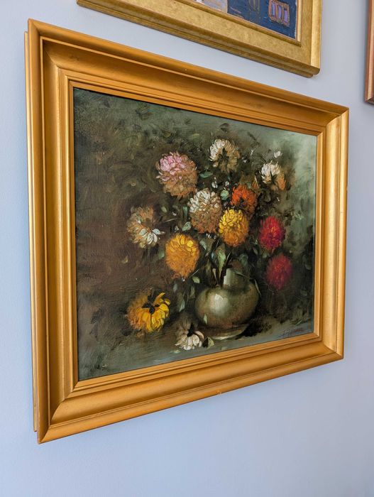 Pictura in ulei pe panza, natura statica cu flori, 63x73x5 cm