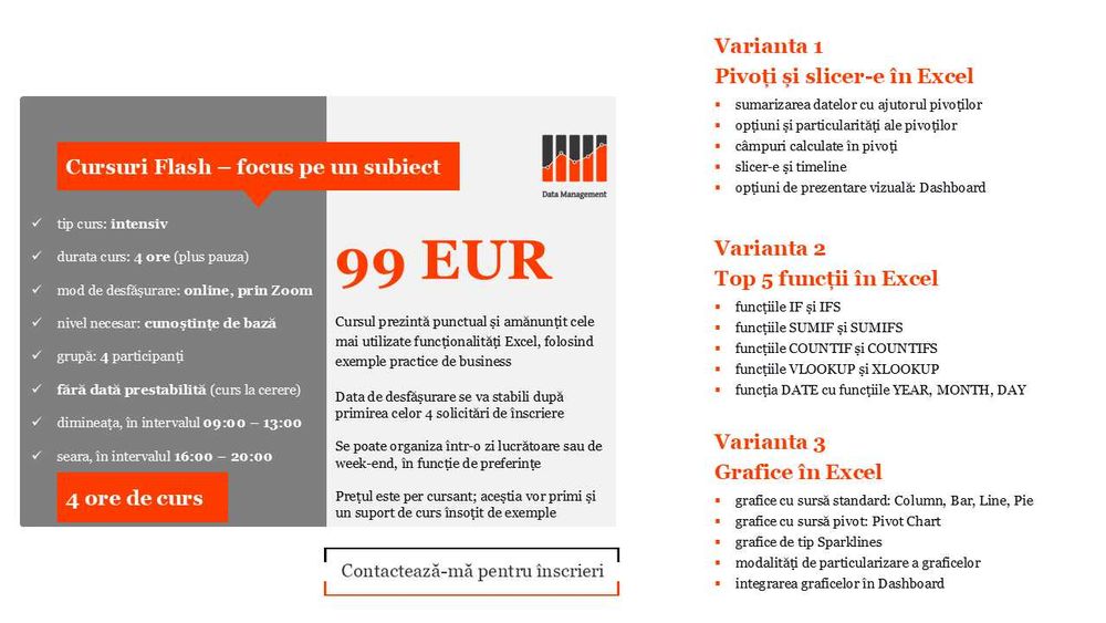 Consultanta Excel, meditatii Excel si curs Excel online de la 40 EUR