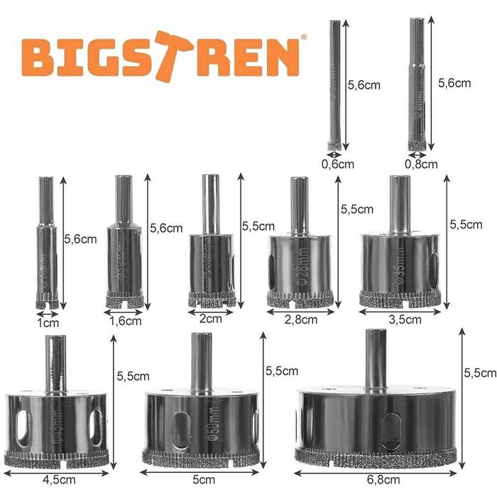 Комплект 10бр. диамантени боркорони за стъкло, фаянс, 6-68мм, BIGSTREN