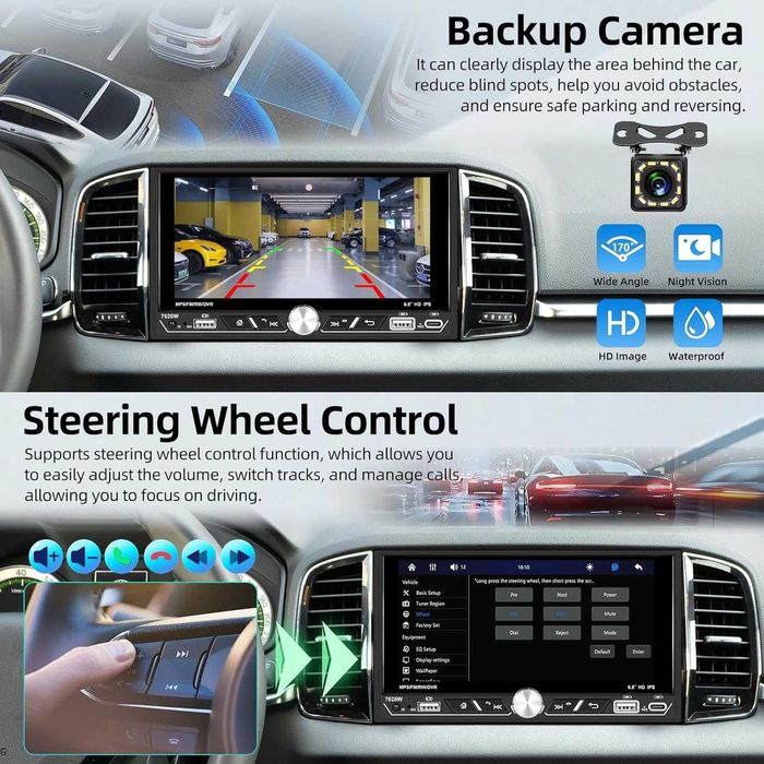 Двудиново автомобилно радио с безжичен Carplay/Android Auto, 6.8-инча