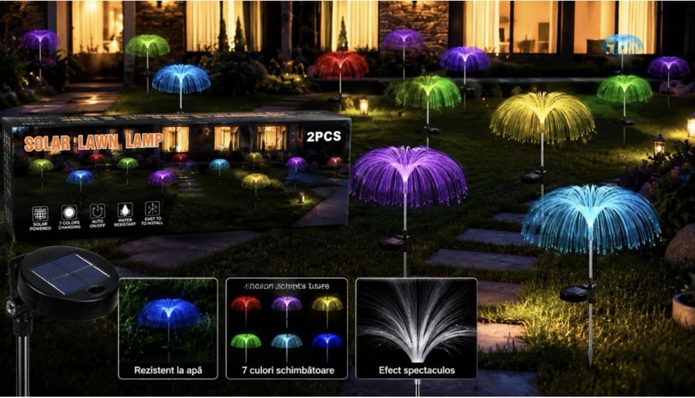 Set 2 x lampa solara tip Palmier RGB fibra optica iluminare decorativa gradina