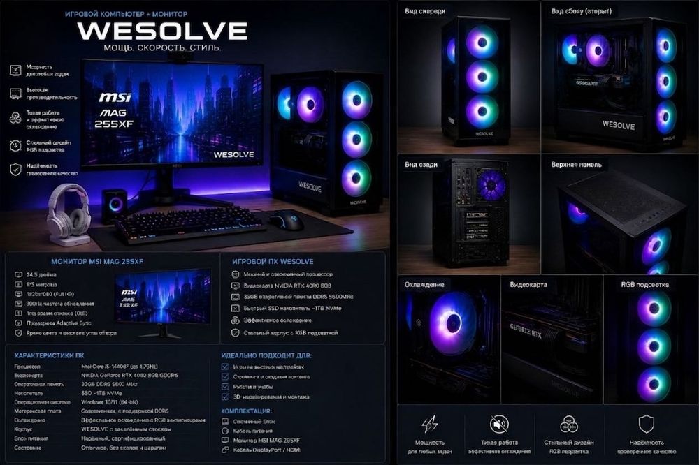 Игровой комплект ПК WESOLVE (i5-14400F, RTX 4060 8GB) + Монитор 300Hz