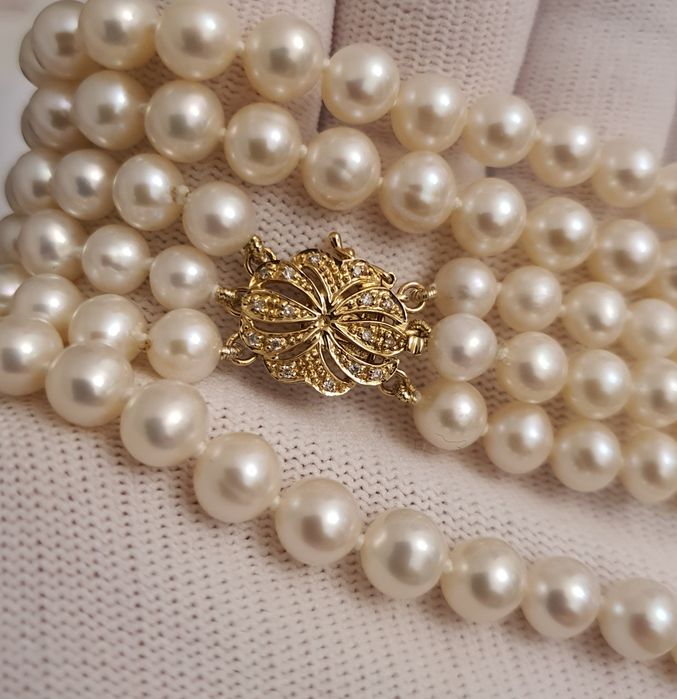 colier triplu perle naturale inchizatoare aur 14k cu diamante naturale
