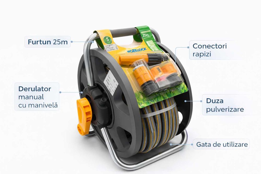 Derulator Hozelock cu Furtun 25m Gata de Folosit