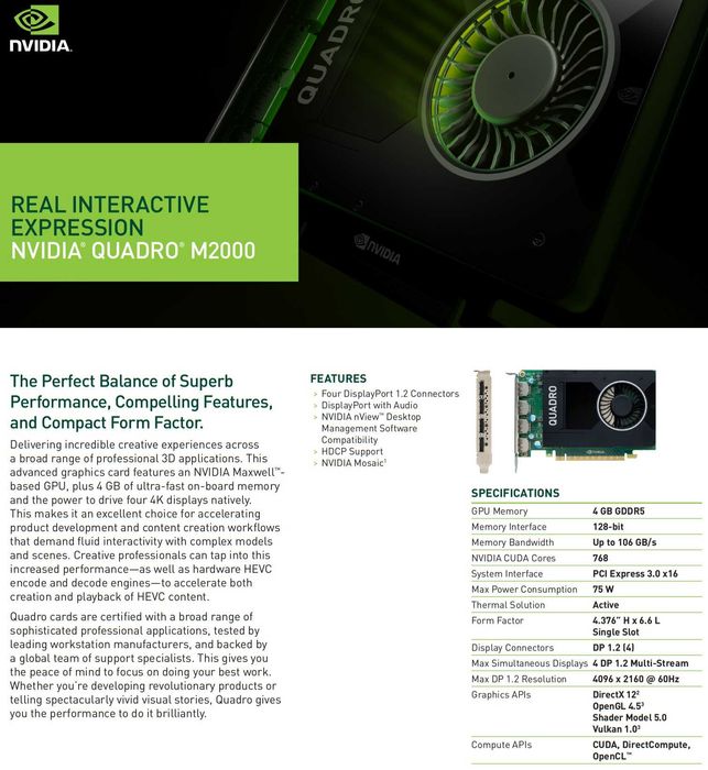 Видео карта GPU NVIDIA Quadro M2000 4GB GDDR5 128bit DisplayPort