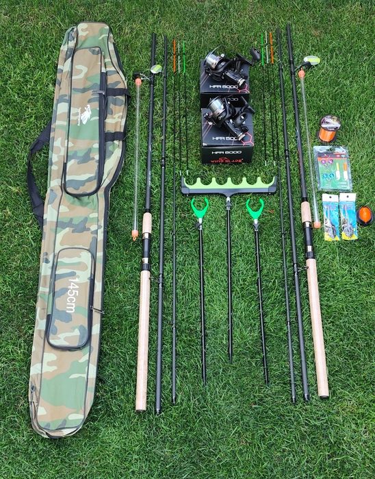 Set 2 Lansete Feeder Carbon Wind Blade Black Fox 3,90m,2 Mulinete HFR 5000 cu Baitrunner, Senzori+Suporți+Geanta,2 Monturi+Matriță,Fir