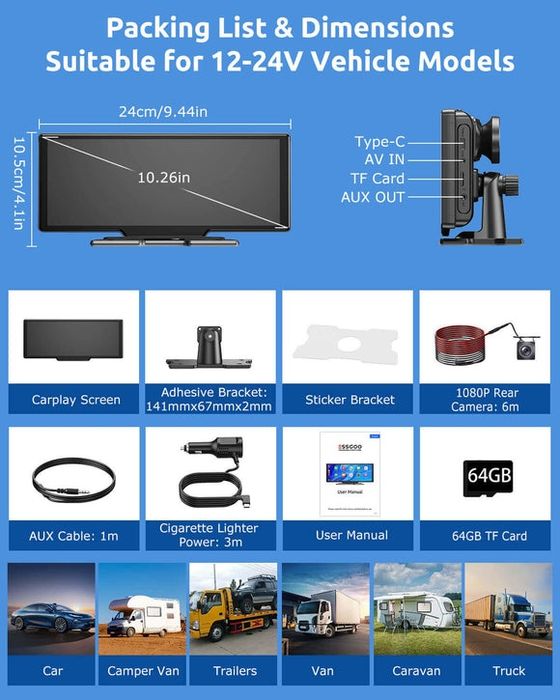 ESSGOO 1026SCP 10.26" IPS CarPlay и Android Auto Мултимедия