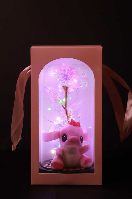 Stitch играчка комплект - Вечна Роза в Купол LED лампички в кутия