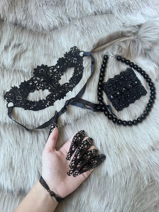 Черна перлена огърлица дантелена маска за лице готик гривна и пръстени