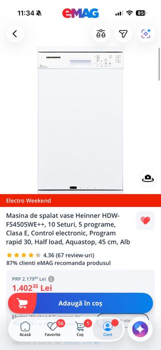 masina spalat vase heinner 10 seturi 5 programe