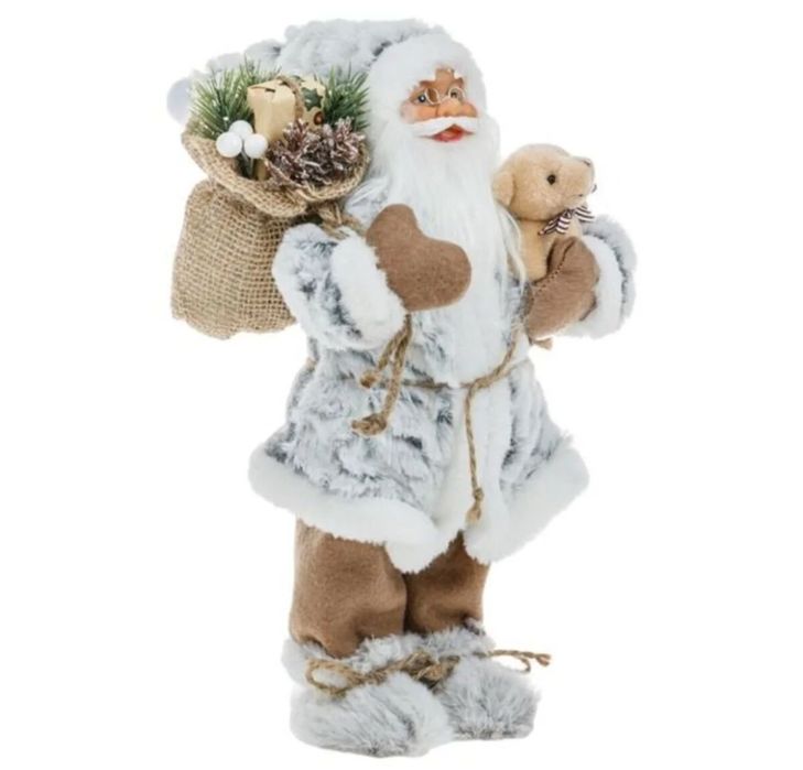 Mos Craciun Realist Alb Gri Blana si Ursulet 30cm Ideal De Craciun