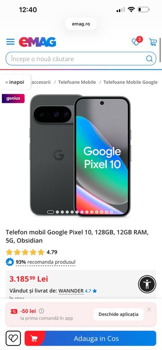 Telefon mobil Google Pixel 10, 128GB, 12GB RAM, 5G, Obsidian - la titlu