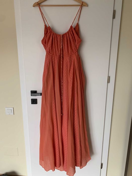Free People Boho Maxi Dress S Coral V Neck Tie Back Textured Gathered Used