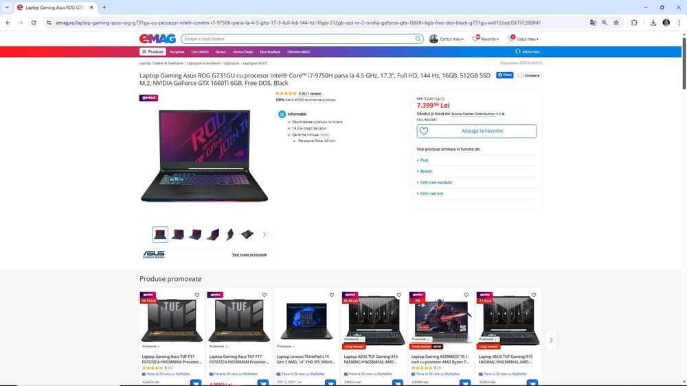 Laptop gaming Asus ROG STRIX 17", intel core 17-9750H, ram 16 gb