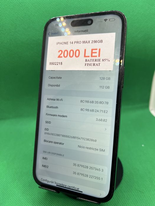 Iphone 14 pro max 256gb 85% bat fisurat•Amanet Lazar Crangasi•55022