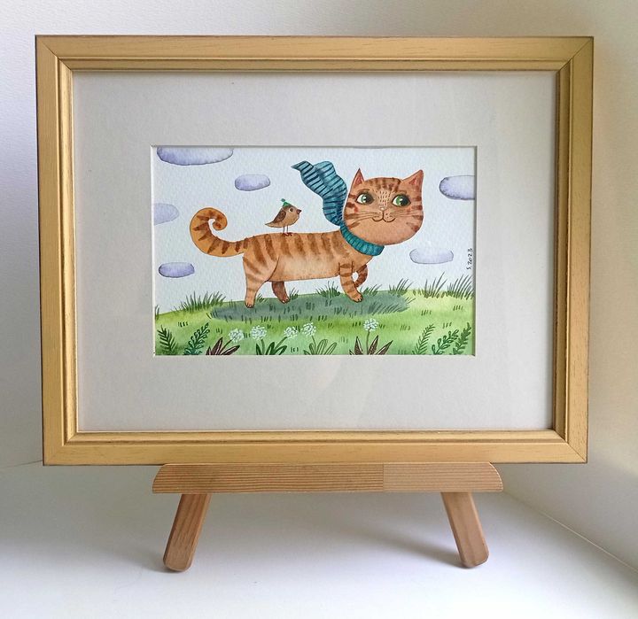 Картина в раме, кошка, акварель.