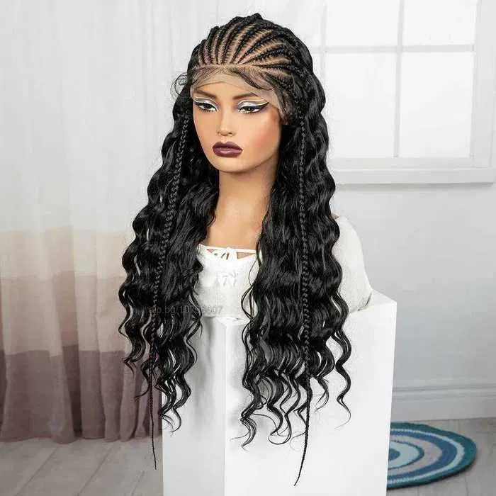 Екзотична черна синтетична перука с пълзящи плитки - Lace Front 13x6