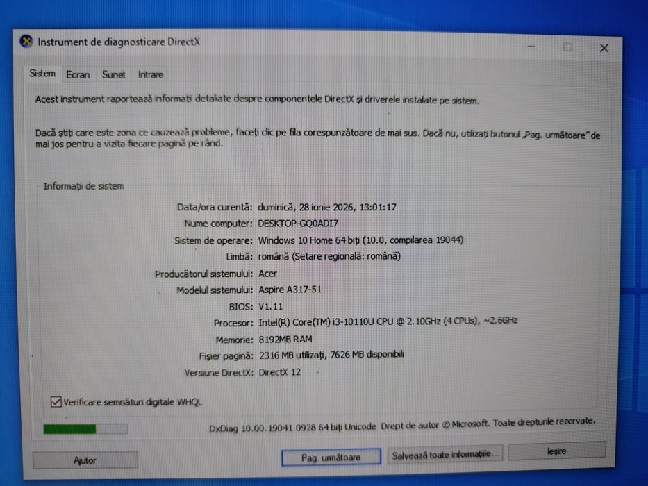 Acer aspire A317-51 / i3-10110U/8 GB RAM / ssd 128 gb