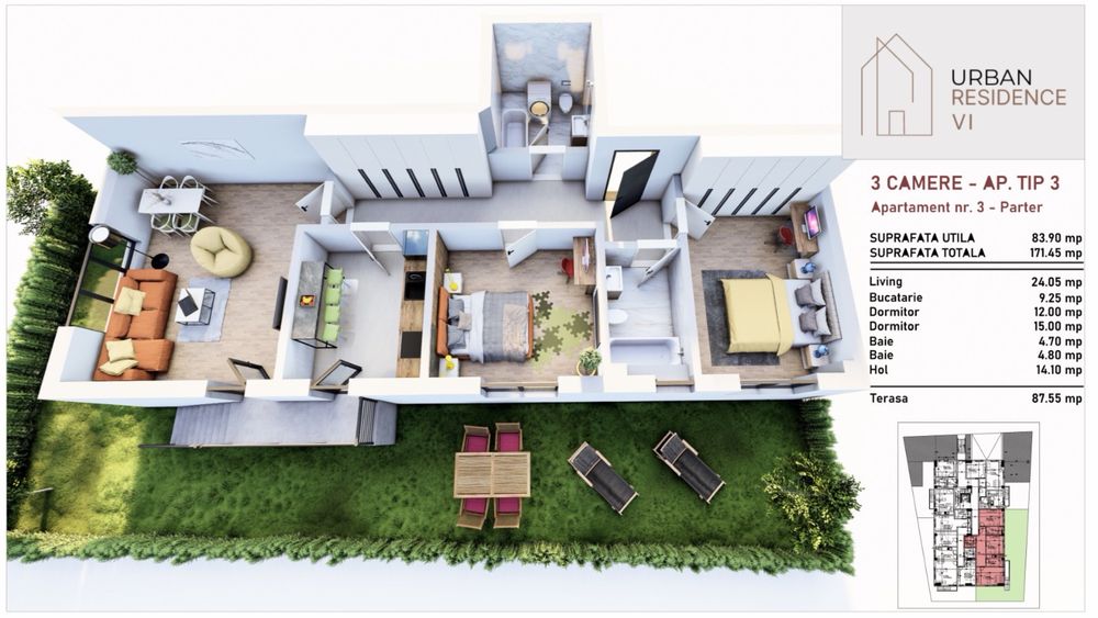 Apartament 3 camere in bloc nou cu lift finalizat