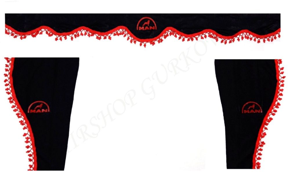 Черни пердета с червени пискюли и лого за камиони