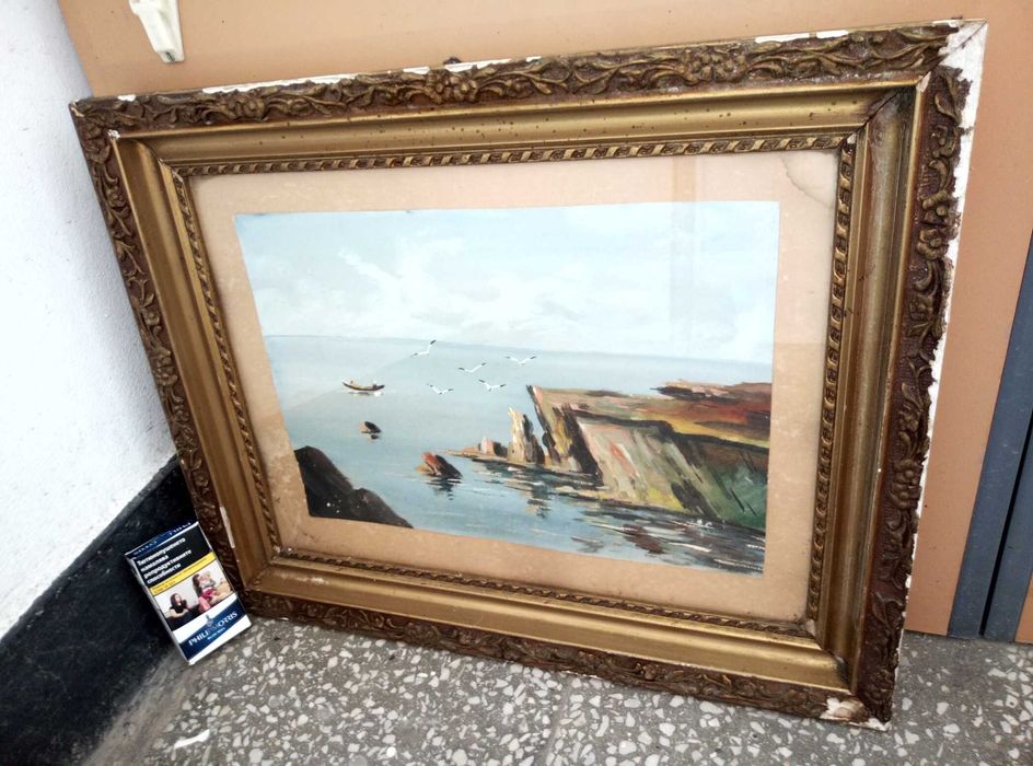 Стара МАСЛЕНА КАРТИНА Море и Планински Пейзаж ТЕМПЕРА - 70те Години БГ