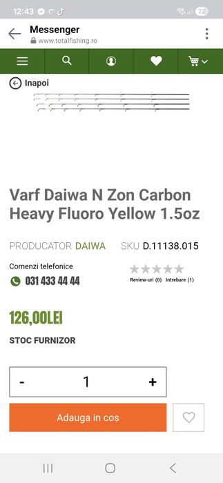 Varf Daiwa N Zon Carbon Heavy Fluoro Yellow 1.5oz avem buc4  Nou