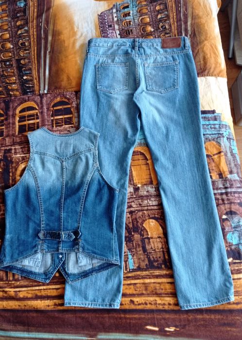 Сет от дамско елече и панталон от памучен деним, с подарък  шал