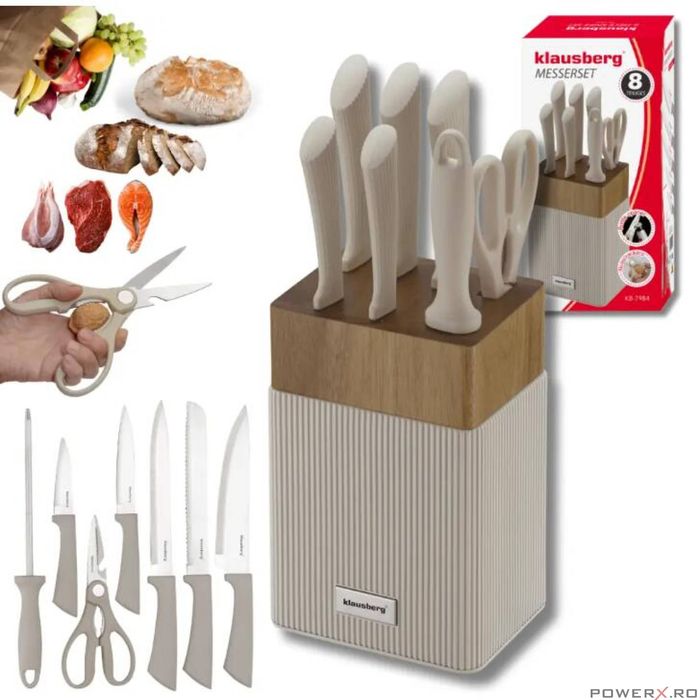 Set de cutite 8 piese, cu bloc de salcam, otel inoxidabil, Klausberg