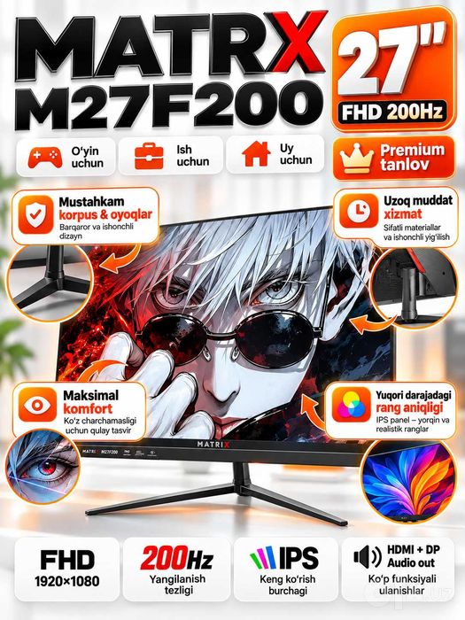 Monitor MATRIX 27″ 200Hz Full HD, gaming va ofis uchun ideal tanlov