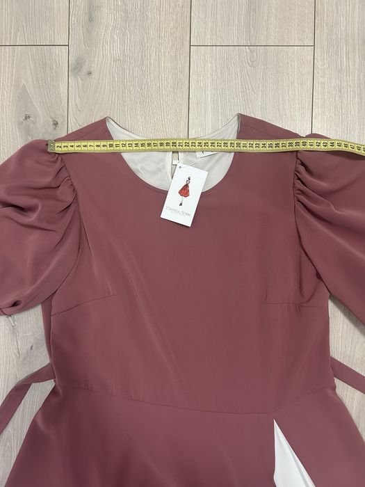 Rochie eleganta roz prăfuit, mânecă bufantă, insert alb