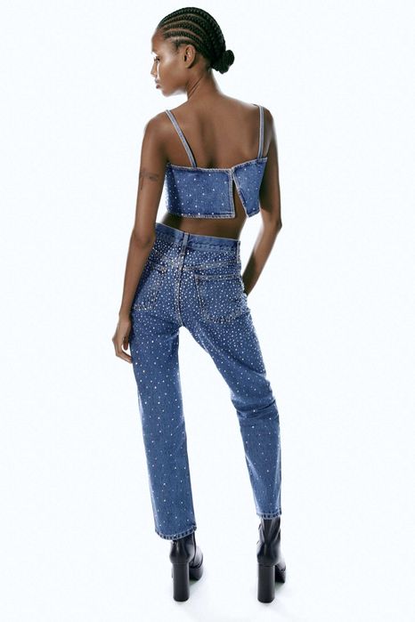 Дънков топ с камъни Zara, XS-S