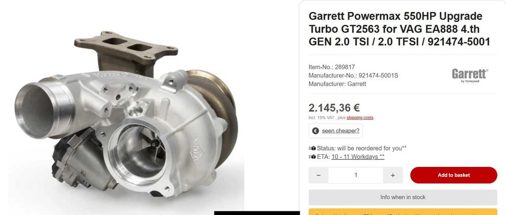 Kit Turbo Garrett GT2563s 550hp - Golf 8 GTI, Octavia RS, Kodiaq RS