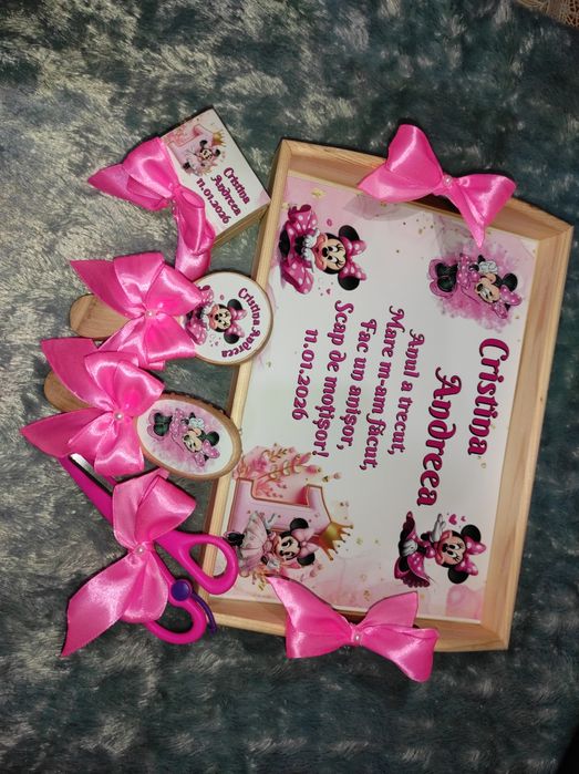 Set Tăviță Moț/Turtă fetiță 1 an -lemn natur- din 6 elemente