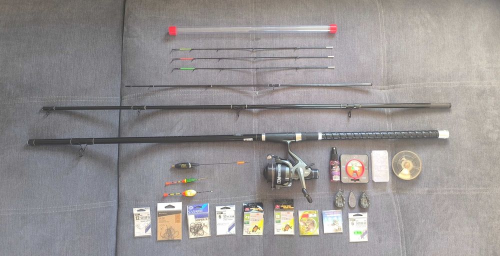 Set complet pescuit feeder, lansetă 3,6 m cu mulinetă și accesorii, folosit o dată
