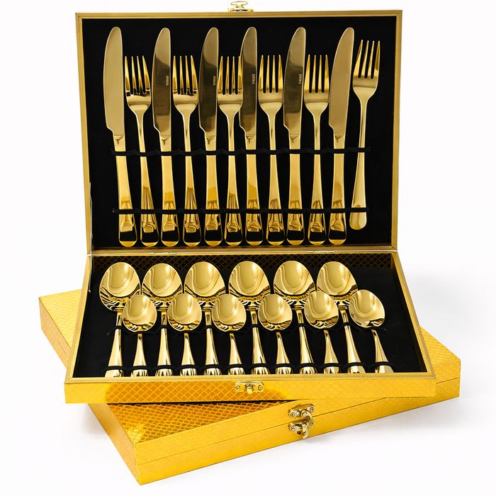 Set tacamuri aurii din inox premium, 24 piese, finisaj lucios, cutie cadou inclusa