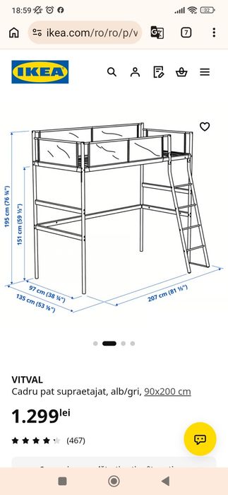 Pat etajat Ikea,din metal,alb,saltea inclusa