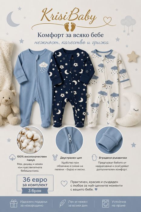 Бебешки дрехи, бебешки комплекти KrisiBaby – 100% памук, двупосочен цип и вградени ръкавички (0–3 месеца)