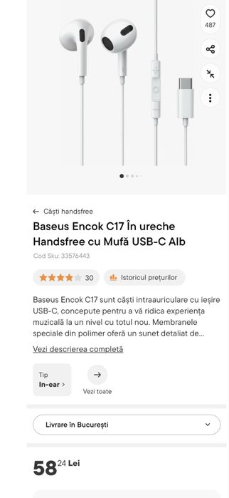 Casti audio Baseus Type C sigilate