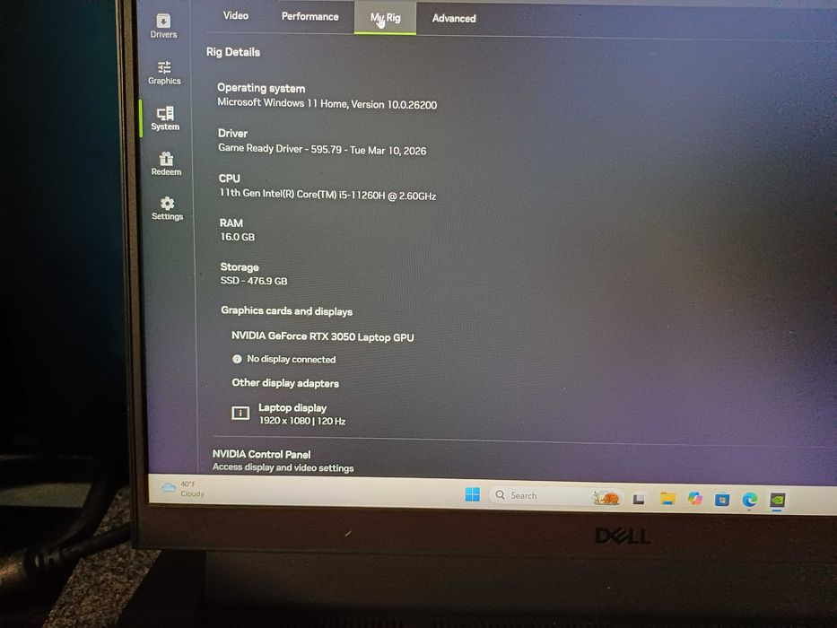 DELL G15 15'' FHD 120hz i5 11gen RTX3050 16GB RAM