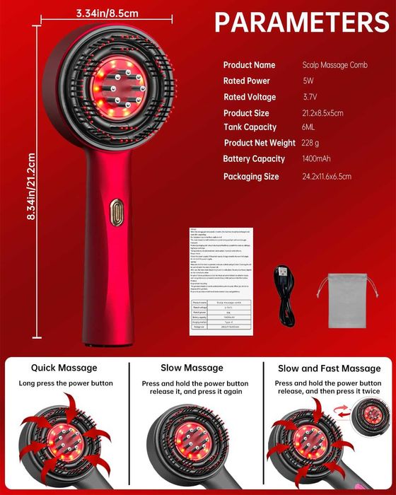 Perie par, Masaj scalp electrica VALA® Women, 3 moduri , Terapie LED