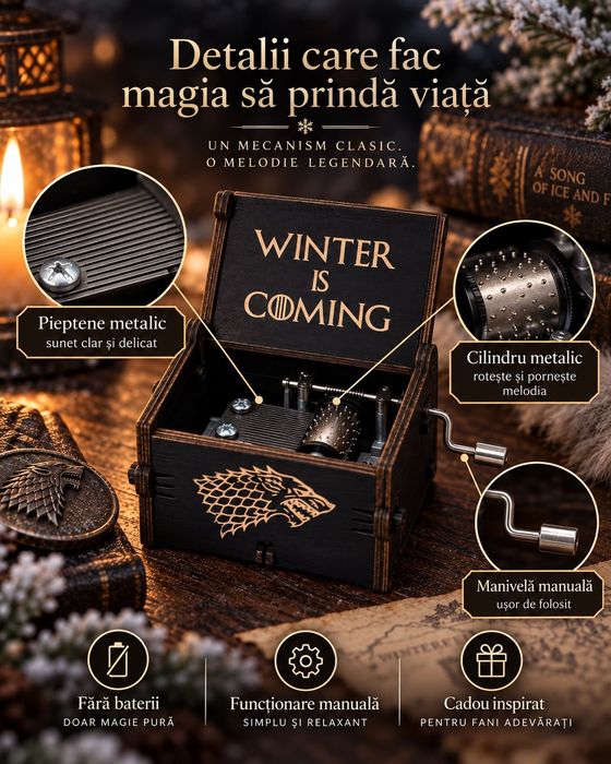 Cutiuță Muzicală Game of Thrones „Winter Is Coming” cu Manivelă – Cadou de Colecție 14+