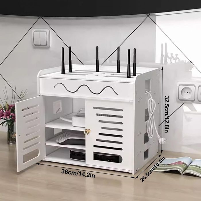 Органайзер шкаф за Wi-Fi рутер и кабели – 3 нива, бял дизайн