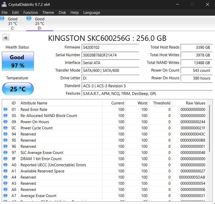SSD Kingston KC600 256GB SATA III – 97% Health – Testat – 562 MB/s