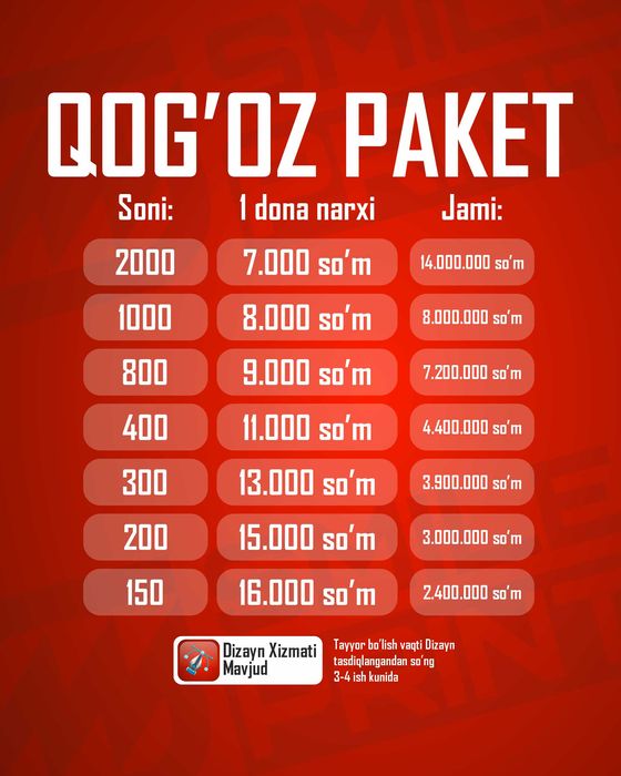 КАРТОН ПАКЕТ по 4.500 сум  \ KARTON PAKET 4.500 so'mdan !