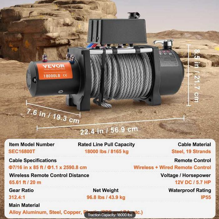 Troliu Auto 13.500 LBS 12V – Cablu Oțel, Wireless, Garanție Inclusă