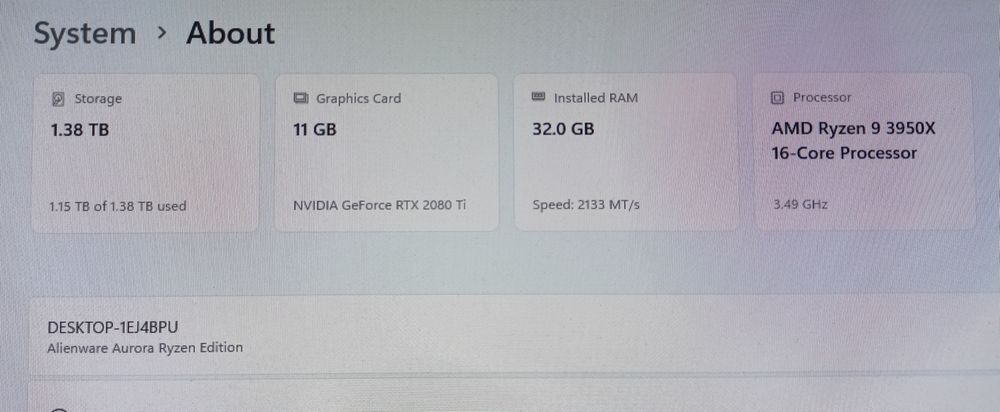 Desktop gaming Dell Alienware  Aurora R10, RTX2080ti, Ryzen 9, 3950x