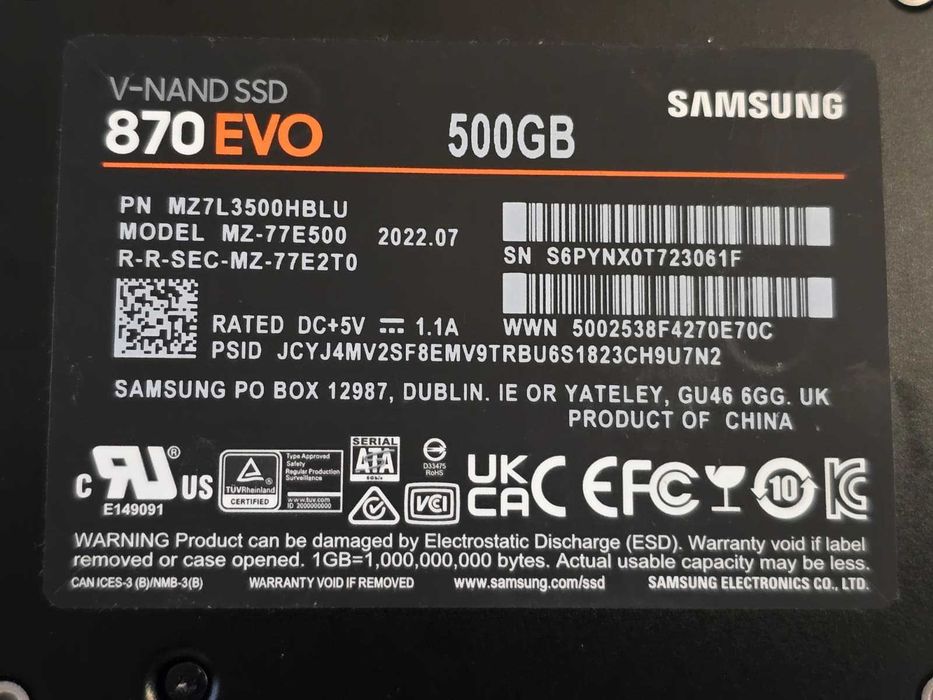Solid-State Drive (SSD) Samsung 870 EVO 500GB SATA III 2.5 inch V-NAND S6PYNX0T723061F