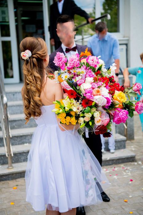 Rochie alba, cu flori 3D, pentru cununie civila, marime XS-S